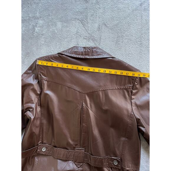 Vintage 60s 70s Brown Leather Short Trench Coat Jacket Belted XL Made in USA - Picture 16 of 16